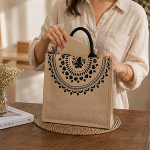 กระเป๋าช้อปปิ้ง EcoDari Luxury Jute Tote สีดำ หูหิ้วลายดอกไม้แมนดาลา รีไซเคิลได้ ใช้ซ้ำได้ เป็นมิตรกับสิ่งแวดล้อม เหมาะสำหรับใส่ของชำ ของขวัญ - Product Image 3