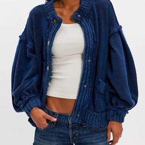 Cárdigan de punto para mujer con manga globo, azul, casual, frente abierto, cuello redondo, cierre de botones, tejido con puntada inversa - Product Image 1