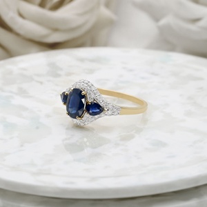 Anillo de compromiso de oro amarillo de 14 quilates con zafiro azul y diamantes, joyería fina, anillo de piedras preciosas para mujer, regalo para ella. - Product Image 3