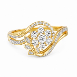 Anillo de Oro Amarillo con Forma de Flor y Racimo de Diamantes, con Corte Brillante Redondo y Engaste Pavé, para Mujer, Joyería de Compromiso - Product Image 1