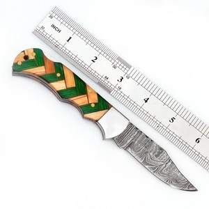 Cuchillo Plegable de Acero de Damasco con Mango de Madera de Olivo y Pakka, con Funda, para Bolsillo, EDC, Caza, Camping, Cuchillo Personalizado OEM - Product Image 2