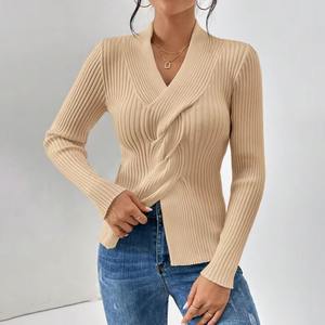 Cárdigan de Mujer con Cuello en V, Estilo Europeo, Color Sólido, Corte Entallado, Manga Larga, Detalle de Abertura en el Dobladillo, Fibra de Viscosa, Secado Rápido, para Todas las Temporadas - Product Image 3