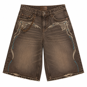 Washed Olive Denim Jorts Men Baggy Y2K Streetwear <b>Shorts</b> with Distressed Finish & Utility Loop Low MOQ Wholesale - Product Image 2