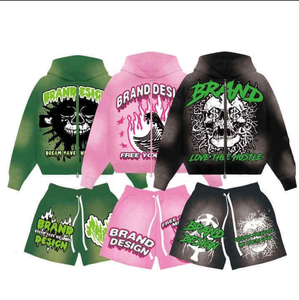 Conjunto de Sudadera con Capucha y Pantalones Cortos con Lavado Ácido Personalizado, Bordado Desgastado y Pedrería, Estilo Urbano para Hombre - Product Image 1
