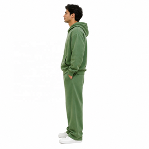 <b>Zip</b> Front Hoodies <b>Hooded</b> Tracksuit Jogger Set Cotton Fleece Sweatshirt Relaxed Fit Solid Color Pullover Streetwear Wholesale OEM - Product Image 4