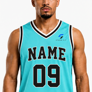 Camiseta de Baloncesto Personalizada para Hombre, Color Turquesa, Cuello en V, Sin Mangas, Impresión Sublimada con Nombre y Número 09, Corte Regular, Malla de Secado Rápido - Product Image 3