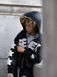 Conjunto Deportivo Unisex de Estilo Urbano con Capucha y Cremallera, Diseño de Letras Aplicadas, Corte Holgado, Sudadera y Pantalones de Algodón para Otoño - Product Image 3