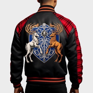 Veste universitaire Stag Crest avec broderie de taureau des Highlands, manches à carreaux - Product Image 2