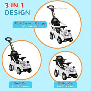 Passeggino 3 in 1 Bianco con Maniglia Rimovibile, Musica, Clacson, Tettuccio e Barriera di Sicurezza per Bambini, Cavalcabili e Giocattoli da Tirare - Product Image 4