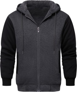 Sudadera con Capucha y Cremallera para Hombre, Último Modelo 2026, Corte Regular, Forro Polar, Color Sólido, Casual, Manga Raglán, para Otoño, Negro y Gris - Product Image 5