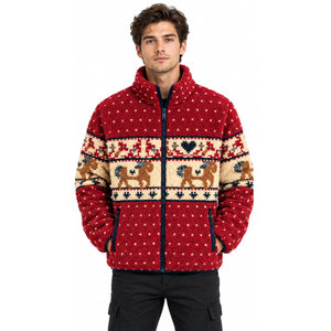 <b>Men's</b> <b>Red</b> Zip Up <b>Fleece</b> Jacket Stand Collar Nordic Horse Print Winter Sherpa Plush Sherpa <b>Fleece</b> Coat - Product Image 2
