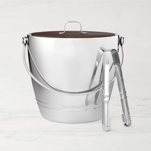 Cubo de Hielo de Acero Inoxidable con Tapa de Madera y Pinzas para Hielo, Enfriador de Bebidas Redondo Aislado - Product Image 5