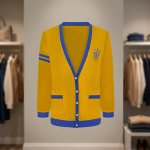 Cárdigan Unisex Amarillo Sigma Gamma Rho con Cuello en V, Manga Larga, Color Sólido, Tejido Acrílico con Logotipo Bordado y Bolsillos Delanteros - Product Image 3