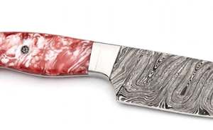 Cuchillo de Cocina Artesanal de Acero de Damasco con Mango de Resina Rosa Roja Perla para Rebanar - Product Image 4