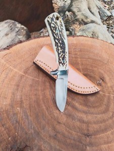Drop Point Hunting Knife Stainless Steel Blade 0.6mm Antler Handle <b>Leather</b> Sheath Outdoor <b>Tool</b> - Product Image 5