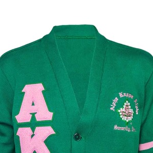 Green Cardigan Women's V-Neck Full Sleeve Embroidered Letter AK Logo Casual Knitted Sweater - Product Image 2