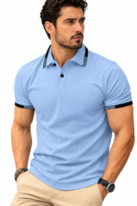 Polo de Hombre Azul Claro con Cuello a Rayas – Camiseta Polo Casual de Algodón de Manga Corta con Cuello Vuelto, Top de Verano, Sudaderas y Ropa Deportiva - Product Image 2