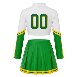 Green White Sublimated Cheer <b>Long</b> Sleeve Uniform Set <b>Pleated</b> <b>Skirt</b> Team Sportswear Athletic Training Practice Performance - Product Image 3