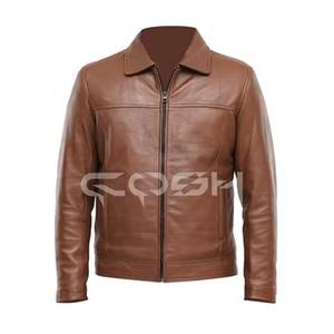 Chaqueta de cuero genuino marrón para hombre OEM ODM, estilo con cremallera y bolsillos laterales dobles. - Product Image 3