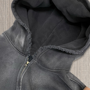 Vêtements pour hommes en molleton sans cordon, style streetwear formel d'hiver, vintage, double couche, délavé à l'acide, effet usé, avec fermeture éclair personnalisée - Product Image 4