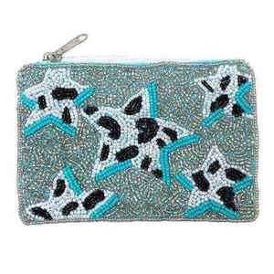 Handmade Embroidered Beaded Coin Purse Customized Shape & Theme Cotton Blue Black White <b>Star</b> Pattern Zipper Closure - Product Image 1