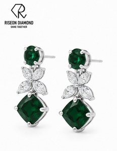 Pendientes de Gota con Esmeralda Corte Cojín Verde y Diamantes Marquise con Motivo Floral, Parte Superior Redonda, Joyería Fina de Lujo para Novia y Aniversario - Product Image 1
