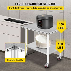 Banco da Lavoro in Acciaio Inox Resistente 35 X 24 X 33 Pollici, Capacità di Carico 700 LBS, 4 Ruote, 3 Livelli di Altezza Regolabili per Alimenti - Product Image 4