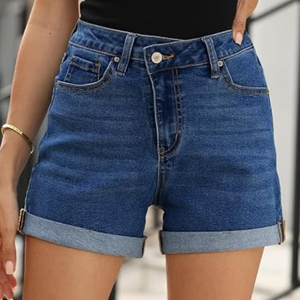 Shorts en jean taille haute pour femme, ourlet retroussé, couleur unie, décontracté, pour l'été, avec poches, coupe classique, bleu - Product Image 5