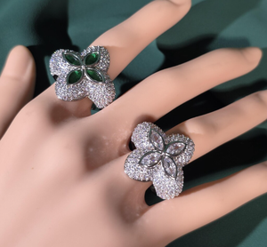 Bague Trèfle à Quatre Feuilles en Zircon Vert, Bande Fleurie Marquise, Bijou en Cuivre pour Mariage et Cadeau de Fête - Product Image 2