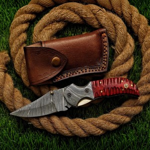 Cuchillo Plegable de Acero de Damasco Hecho a Mano con Mango de Madera, Cuchillo de Bolsillo para Camping al Aire Libre, Hoja OEM de Punta Caída de 7 Pulgadas de Largo Total - Product Image 1