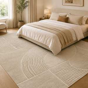 Alfombra de Lana de Nueva Zelanda Anudada a Mano de Lujo – Alfombra de Lana Hecha a Mano con Diseño Geométrico Abstracto Moderno en Color Beige Marfil para Sala de Estar, Dormitorio, Hotel - Product Image 1