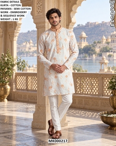 Ensemble pyjama kurta en coton blanc pour homme, broderie pêche et travail de sequins, haut ethnique traditionnel - Product Image 1