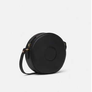 Bolso de Hombro Circular Negro de Cuero Genuino con Cremallera, Bolso Cruzado para Mujer, Bolso de Moda - Product Image 2