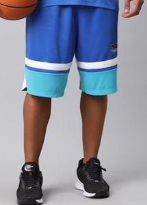 Pantalones Cortos Deportivos para Hombre, Color Azul con Bloques de Color, Franja Lateral, Secado Rápido, Cintura Elástica, Largo Bermuda - Product Image 1
