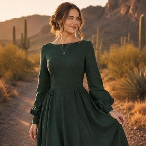 Elegant <b>Women</b> Green <b>Linen</b> Maxi <b>Dress</b> O-Neck Puff Sleeve Flowy Loose Fit Casual Bohemian Long Summer Maxi <b>Dress</b> - Product Image 2