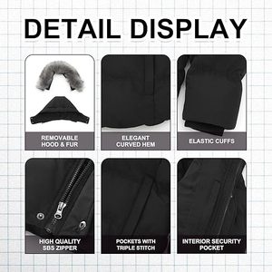 Parka noire à capuche pour homme avec garniture en fourrure, col montant, imperméable, en polyester, vêtement d'extérieur décontracté, coupe classique - Product Image 6