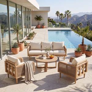 Modern Teak Wood Outdoor <b>Sofa</b> Set with <b>Rattan</b> Patio Furniture for Villa Resort Hotel - Product Image 3