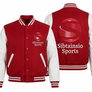 Blouson universitaire rouge et blanc brodé, style bomber, avec manches en cuir contrastant et col et poignets en tricot côtelé rayé – Vente en gros - Product Image 1