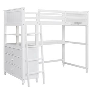 Letto a soppalco in legno per una persona con cassetti, scrivania e scaffali, bianco (Vecchio SKU LT001530AAK) - Product Image 3