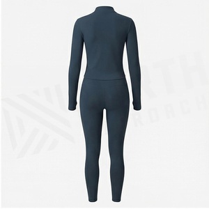 Ensemble de yoga 2 pièces avec fermeture éclair intégrale sur le devant, couleur marine unie, tissu respirant, vêtements de sport pour femmes - Product Image 2