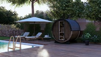 Sauna extérieur en forme de baril |   Bois de cèdre, toiture en bardeaux d'asphalte |   Options de taille personnalisée et de teinture du bois