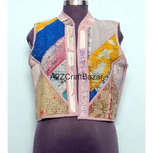 Chaleco Kantha Hecho a Mano 100% Algodón Puro para Mujer, Estampado Floral, Sin Tejido, para Primavera/Otoño, con Mangas Cortas - Product Image 1