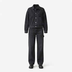 Women Black Denim Jacket And <b>Cargo</b> Jeans Set Casual Two Piece Matching Outfit Streetwear <b>Vintage</b> Workwear Clothing - Product Image 3