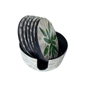 Ensemble de sous-verres ronds artisanaux en nacre avec support, motif feuille verte, sous-verres en coquille pour table basse, décoration - Product Image 6