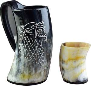 VIKING Chope en corne de buffle naturelle de qualité supérieure, polie, style animalier, avec gravure viking, pour la décoration de bière - Product Image 1