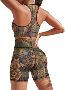 <b>Women's</b> Camouflage Print 2 Piece Sports <b>Set</b> Sleeveless Crop Top And Above Knee Shorts Breathable Knitted Activewear Summer - Product Image 3