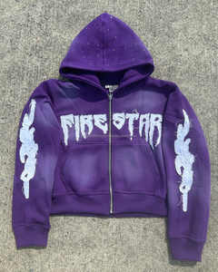 Sudaderas con capucha de diseño Fabricantes Sudadera vintage Desgastado Sun Faded Hombres Parche bordado Zip up Acid Wash Hombres Apliques Sudadera con capucha - Product Image 4