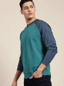 Sweat-shirt à col rond pour homme, manches raglan, couleur turquoise, coupe classique, tricoté, 100% coton, pull décontracté, couleur unie, automne - Product Image 4