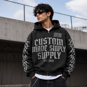 Sudadera con capucha y cremallera personalizada para hombre, estilo oversize, streetwear, de algodón negro, felpa francesa, con estampado frontal, para otoño, vintage, lavada. - Product Image 1