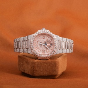 Aurevail VVS Moissanite Diver Charm Stainless Steel Luxury Watch Rose Gold Fully Iced Case Gold <b>Dial</b> Diamond <b>Indicator</b> Fluted - Product Image 1